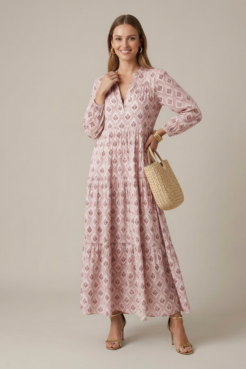 Delfina printed V-neck tiered maxi dress, Pink