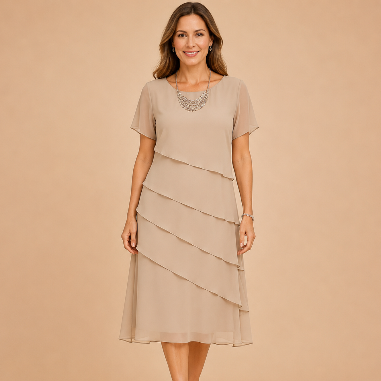 Bella Hudson Delilah Lightweight Midi Dress with Short Sleeves in Khaki - Front View