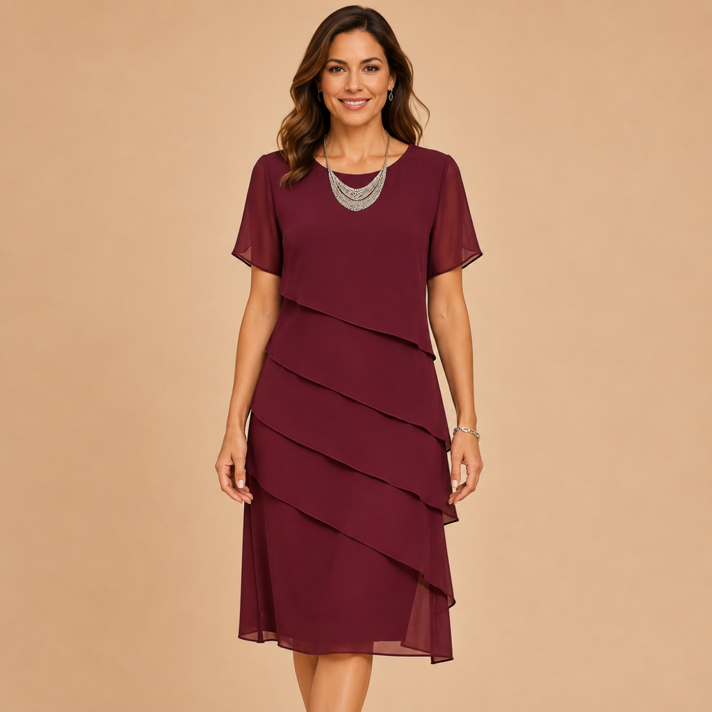 Bella Hudson Delilah Lightweight Midi Dress with Short Sleeves in Red - Front View