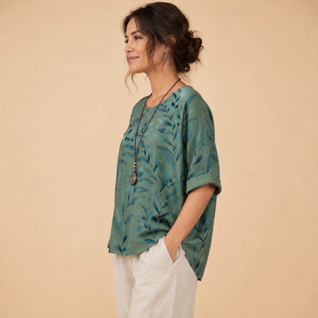 Della Lightweight Embroidered Linen Blouse - Side View - Designed by Bella Hudson