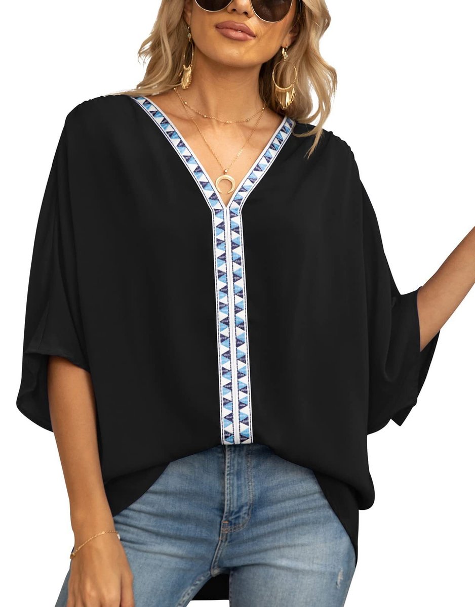 Delphine Boho Embroidered V-Neck Tunic, Black