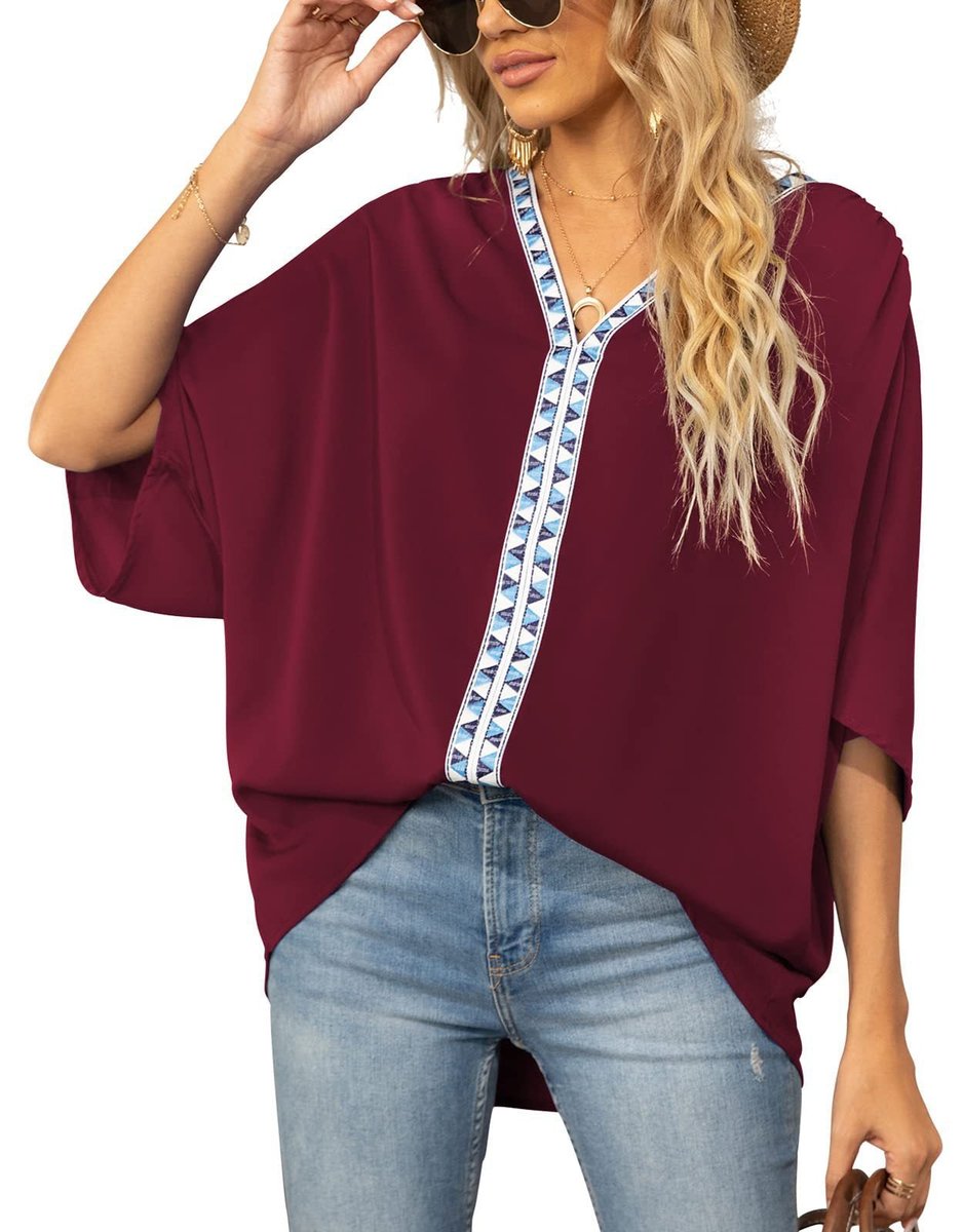 Delphine Boho Embroidered V-Neck Tunic, Burgundy
