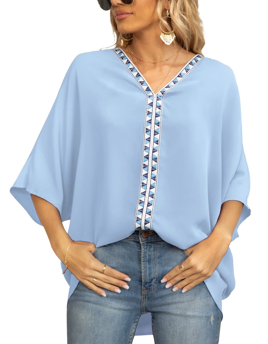 Delphine Boho Embroidered V-Neck Tunic, Light Blue