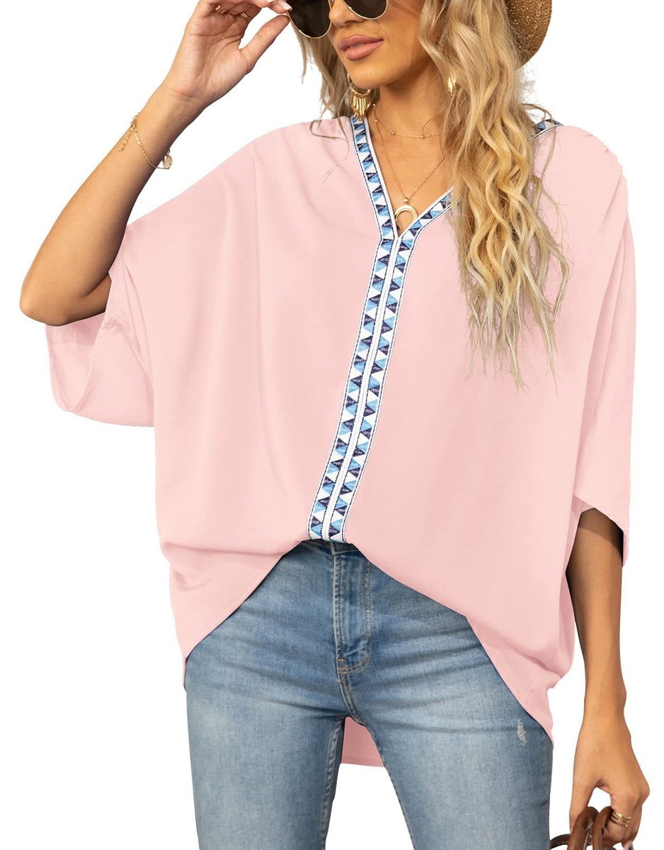Delphine Boho Embroidered V-Neck Tunic, Pink