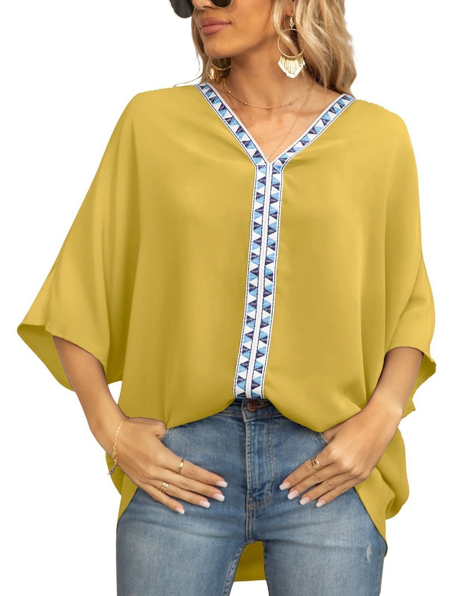 Delphine Boho Embroidered V-Neck Tunic, Yellow