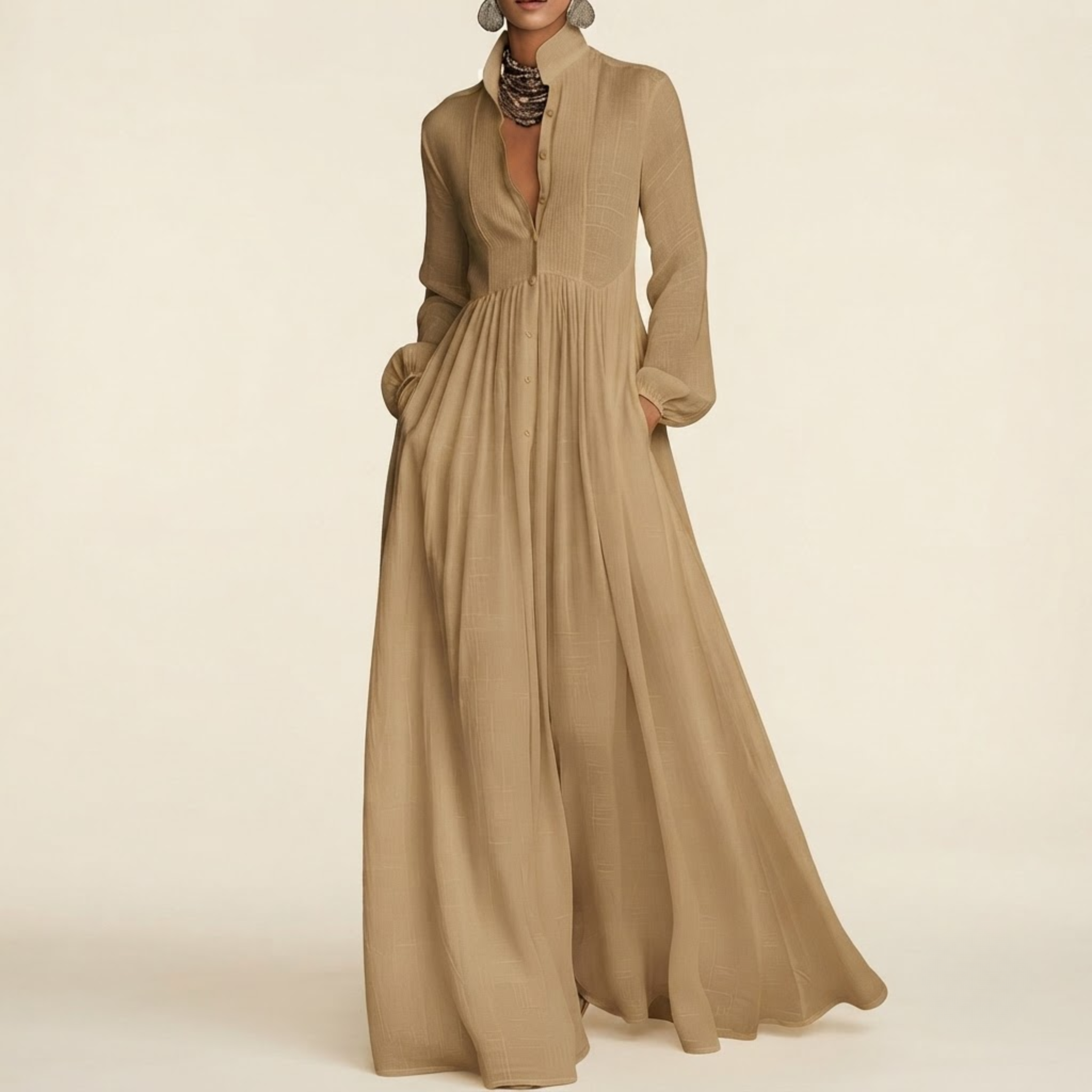 Front view of the Delphine Maxi Dress Linen Button-Front Long-Sleeve in Brown, featuring a classic button-front design, long sleeves, and a flowing maxi silhouette. Designed by Bella Hudson.