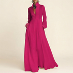 Front view of the Delphine Maxi Dress Linen Button-Front Long-Sleeve in Dark Pink, featuring a classic button-front design, long sleeves, and a flowing maxi silhouette. Designed by Bella Hudson.