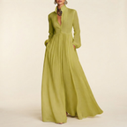Front view of the Delphine Maxi Dress Linen Button-Front Long-Sleeve in Green, featuring a classic button-front design, long sleeves, and a flowing maxi silhouette. Designed by Bella Hudson.
