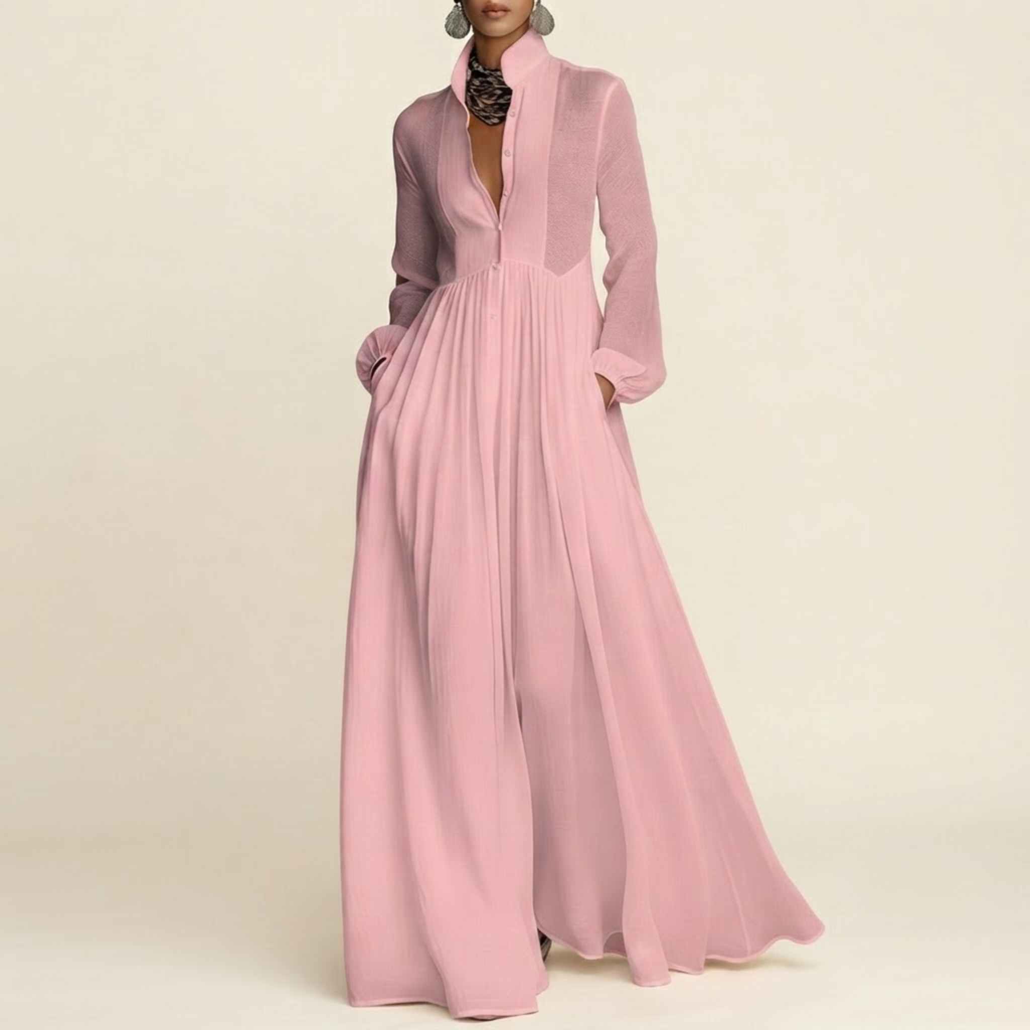Front view of the Delphine Maxi Dress Linen Button-Front Long-Sleeve in Light Pink, featuring a classic button-front design, long sleeves, and a flowing maxi silhouette. Designed by Bella Hudson.