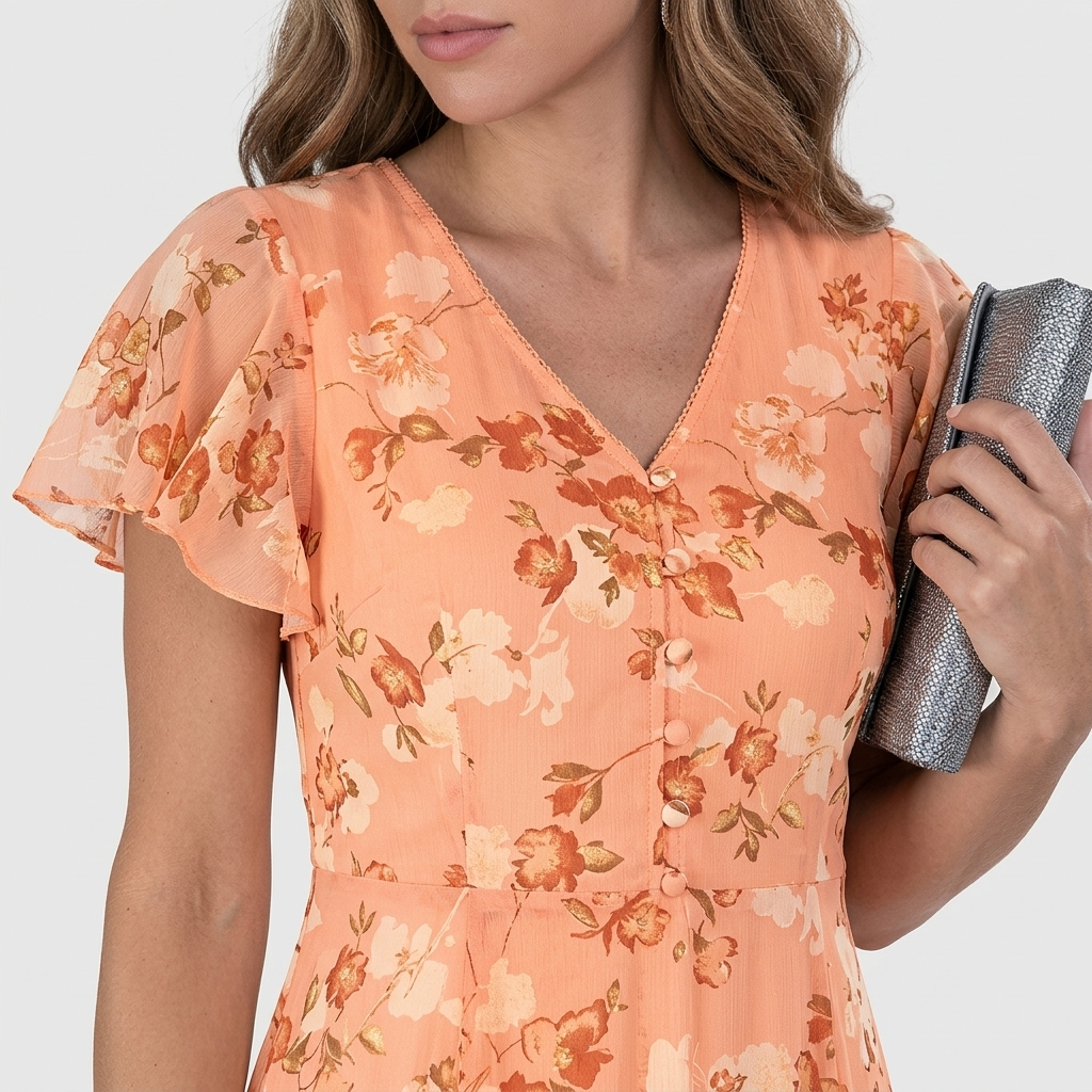 Close-up detail of the Delphine Summer Maxi Dress Floral Print Flutter Sleeve in orange, featuring the V-neckline, flutter sleeves, delicate floral print, and softly gathered bodice. Designed by Bella Hudson.