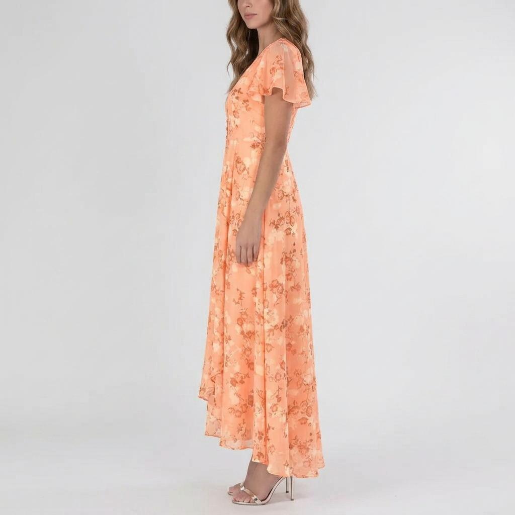 Side view of the Delphine Summer Maxi Dress Floral Print Flutter Sleeve in orange, showcasing the flutter sleeves, V-neckline, floral print, and graceful maxi-length silhouette. Designed by Bella Hudson.