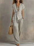 Delphine tie-waist V-neck lounge set, view 1