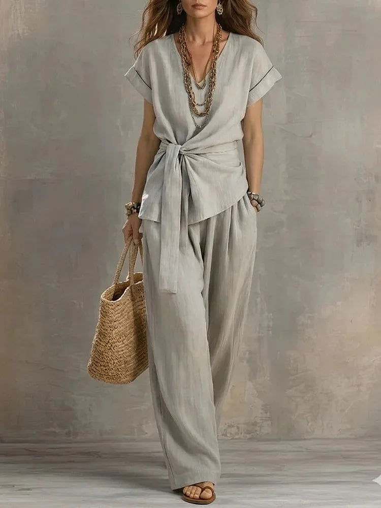 Delphine tie-waist V-neck lounge set, view 1