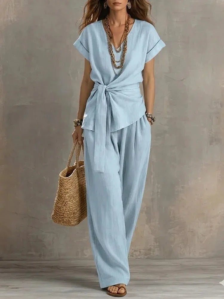 Delphine tie-waist V-neck lounge set, view 2