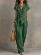 Delphine tie-waist V-neck lounge set, view 3