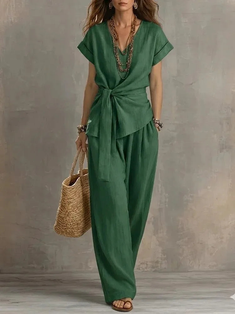 Delphine tie-waist V-neck lounge set, view 3