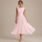 Denise Elegant Sleeveless Midi Dress with cowl neckline and pleated chiffon skirt in pink front view. Designed by Bella Hudson.