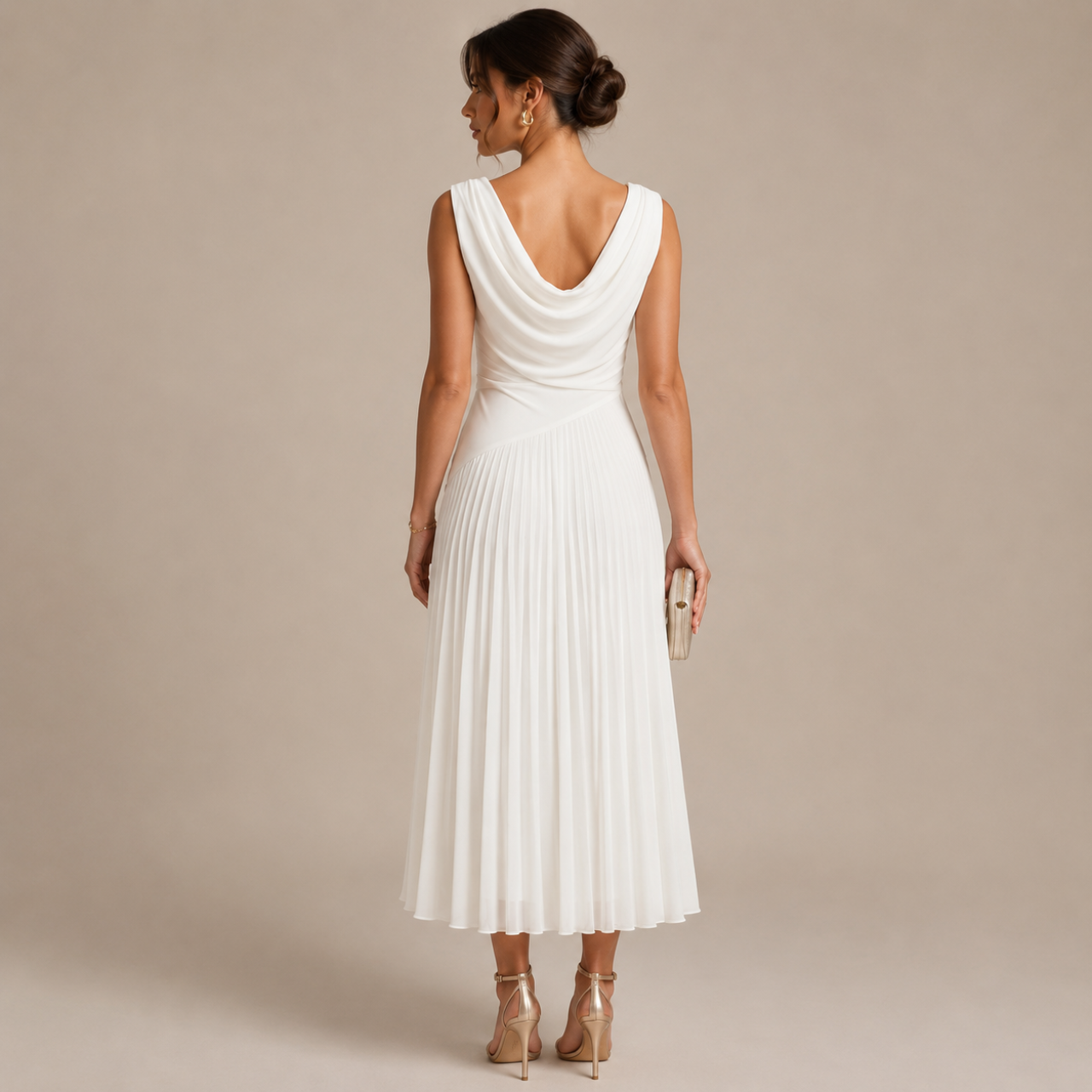 Denise Evening Sleeveless Midi Dress with Cowl Neckline and a Pleated Chiffon Skirt, White / L
