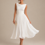Close-up detail of the Denise Elegant Sleeveless Midi Dress highlighting the draped cowl neckline and pleated chiffon fabric in white. Designed by Bella Hudson.