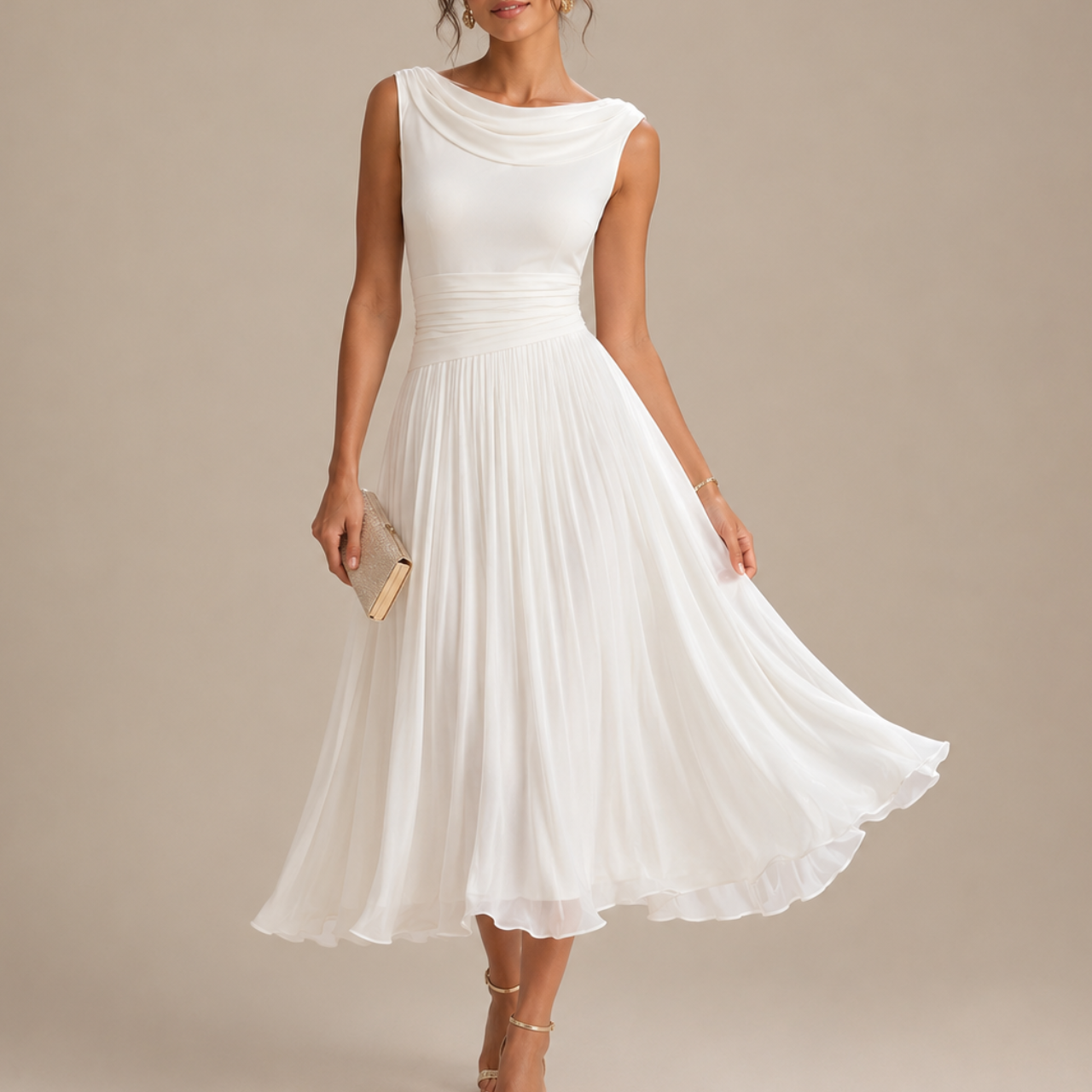 Close-up detail of the Denise Elegant Sleeveless Midi Dress highlighting the draped cowl neckline and pleated chiffon fabric in white. Designed by Bella Hudson.