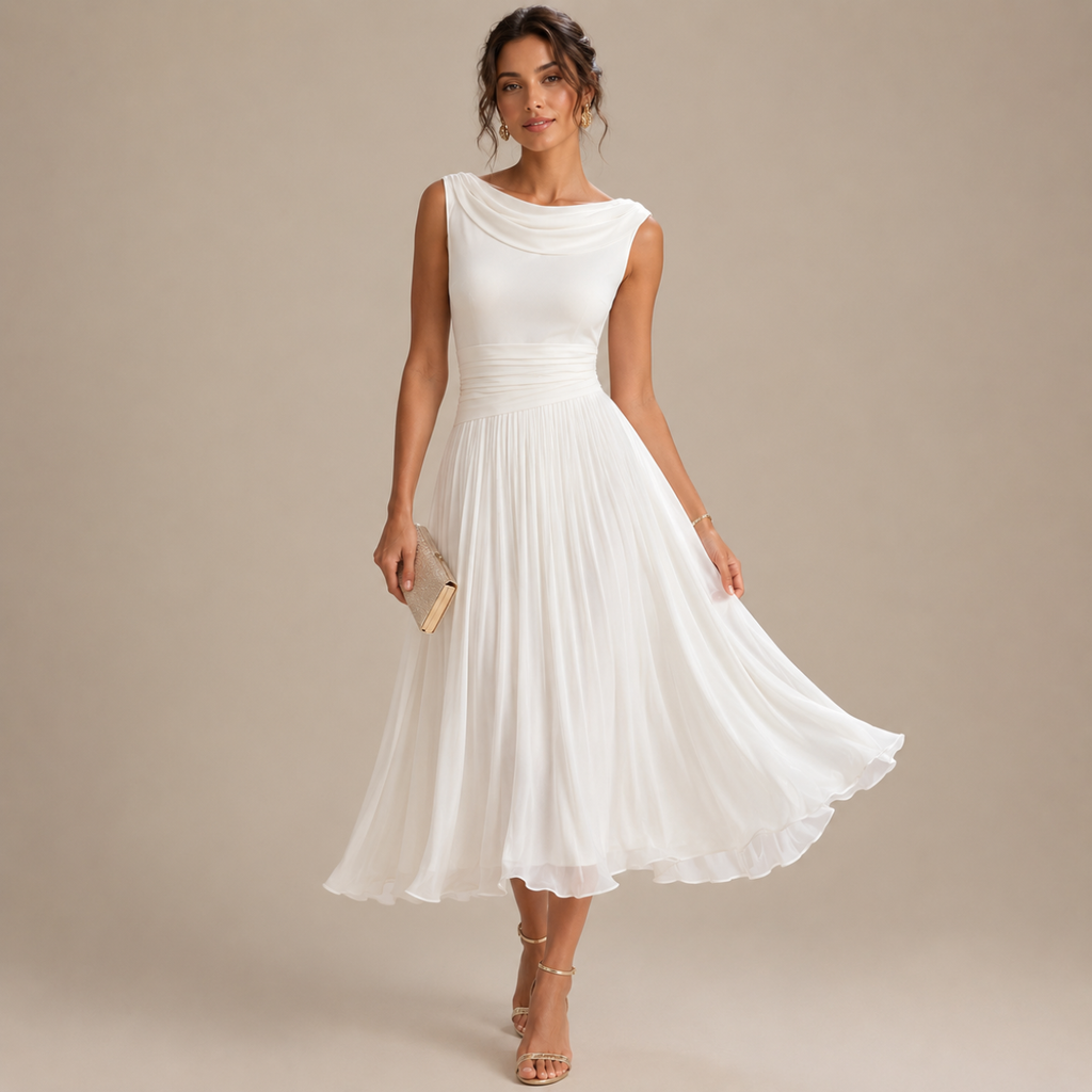 Denise Elegant Sleeveless Midi Dress with cowl neckline and pleated chiffon skirt in white front view. Designed by Bella Hudson.