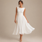 Denise Elegant Sleeveless Midi Dress with cowl neckline and pleated chiffon skirt in white front view. Designed by Bella Hudson.