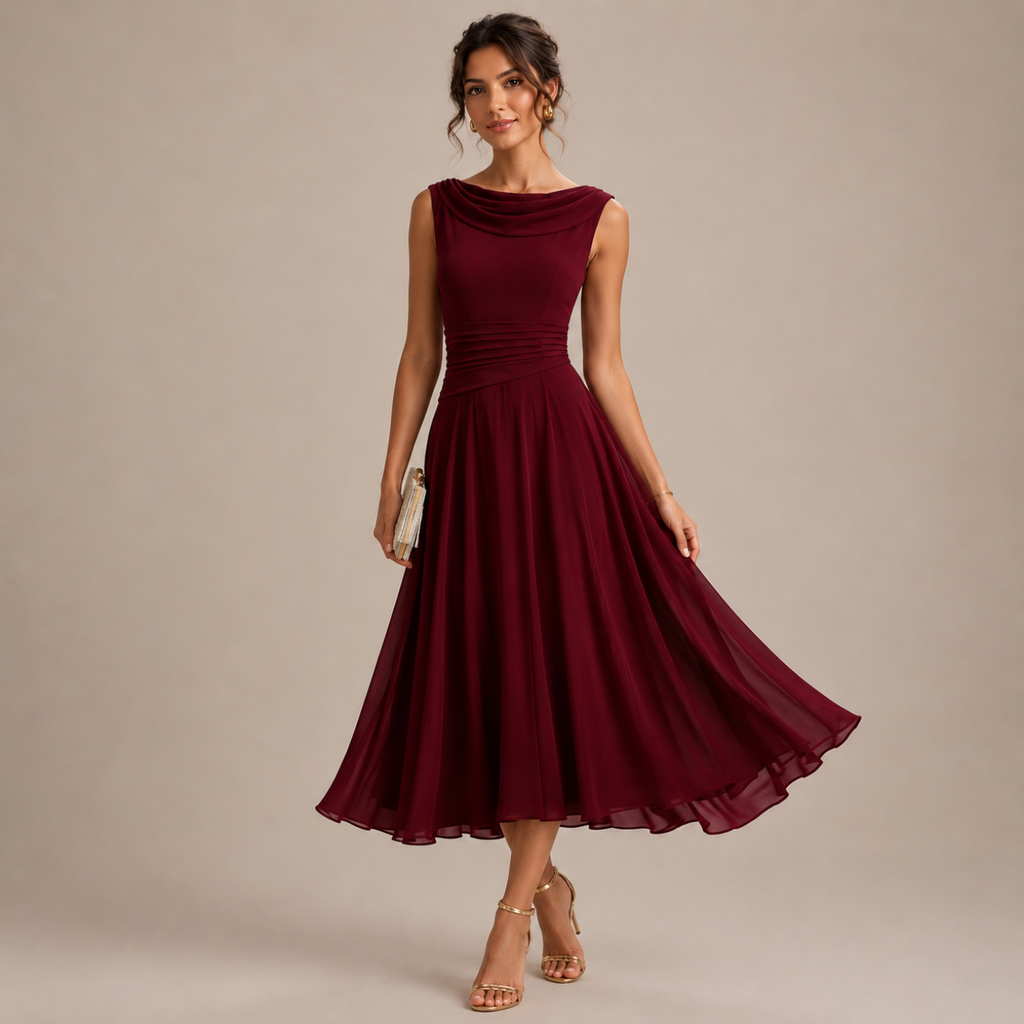 Denise Elegant Sleeveless Midi Dress with cowl neckline and pleated chiffon skirt in wine red front view. Designed by Bella Hudson.