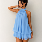 Diana Chiffon Halter Mini Dress in Blue with high halter neckline, layered chiffon skirt, and flowy mini silhouette, designed by BELLA HUDSON
