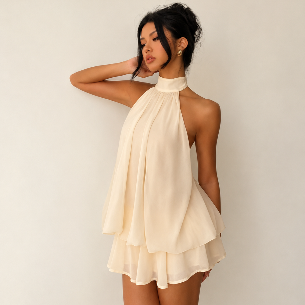 Diana Chiffon Halter Mini Dress in khaki with high halter neckline, layered chiffon skirt, and flowy mini silhouette, designed by BELLA HUDSON