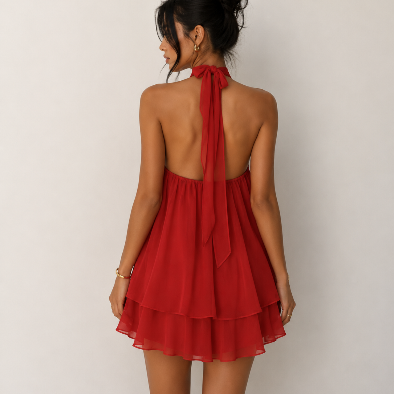 Diana Chiffon Halter Mini Dress in Red showcasing layered chiffon fabric and premium drape detail, designed by BELLA HUDSON