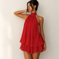 Diana Chiffon Halter Mini Dress in Red with high halter neckline, layered chiffon skirt, and flowy mini silhouette, designed by BELLA HUDSON