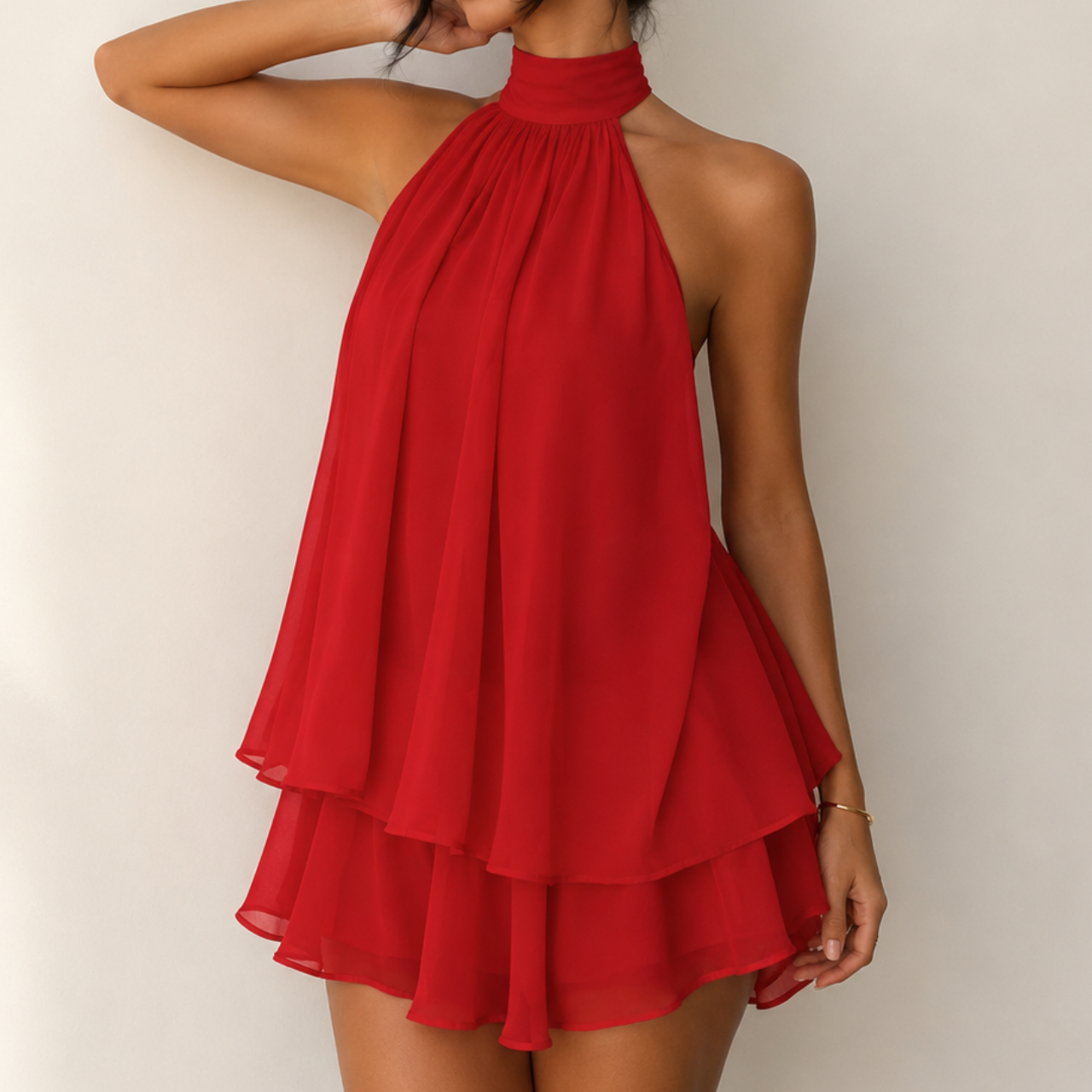 Diana Chiffon Halter Mini Dress in Red with high halter neckline, layered chiffon skirt, and flowy mini silhouette, designed by BELLA HUDSON