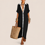 Diana Linen Women's Casual Long Shirt Maxi Dress in Black featuring a relaxed fit, button-front shirt design, flowing maxi length, and lightweight linen fabric shown in front view.