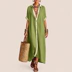 Diana Linen Women's Casual Long Shirt Maxi Dress in Green featuring a relaxed fit, button-front shirt design, flowing maxi length, and lightweight linen fabric shown in front view.