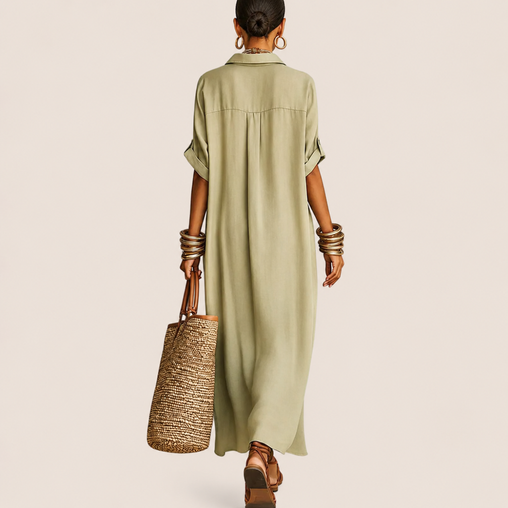Diana Linen Women's Casual Long Shirt Maxi Dress in Khaki featuring a relaxed fit, button-front shirt design, flowing maxi length, and lightweight linen fabric shown in back view.
