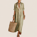 Diana Linen Women's Casual Long Shirt Maxi Dress in Khaki featuring a relaxed fit, button-front shirt design, flowing maxi length, and lightweight linen fabric shown in front view.
