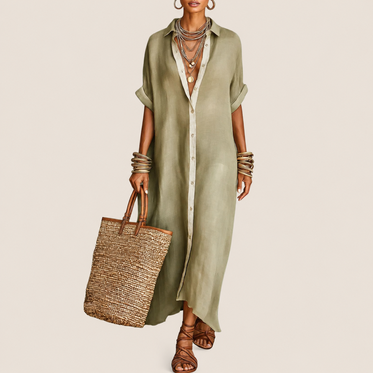 Diana Linen Women's Casual Long Shirt Maxi Dress in Khaki featuring a relaxed fit, button-front shirt design, flowing maxi length, and lightweight linen fabric shown in front view.