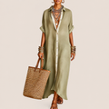 Diana Linen Women's Casual Long Shirt Maxi Dress in Khaki featuring a relaxed fit, button-front shirt design, flowing maxi length, and lightweight linen fabric shown in model view.
