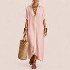 Diana Linen Women's Casual Long Shirt Maxi Dress in Pink featuring a relaxed fit, button-front shirt design, flowing maxi length, and lightweight linen fabric shown in front view.