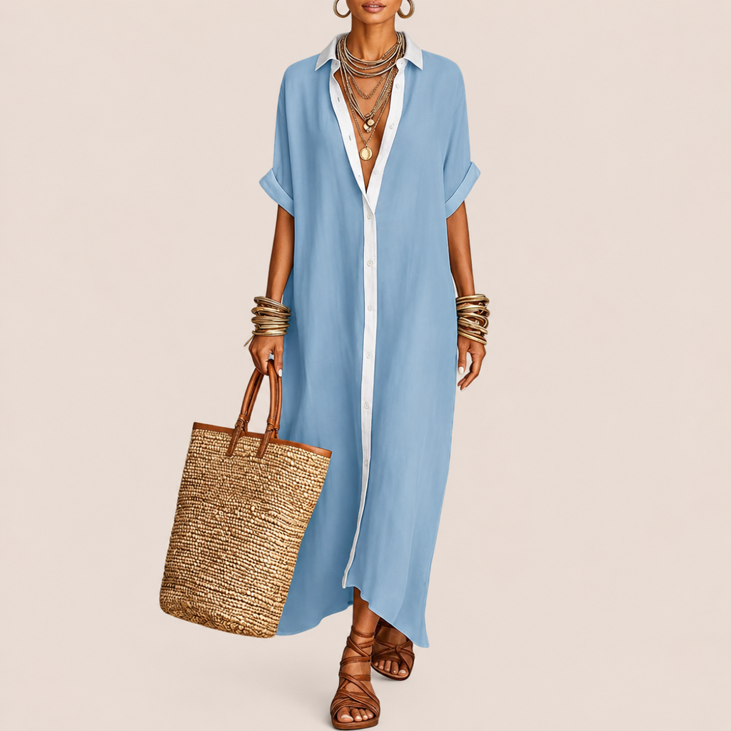 Diana Linen Women's Casual Long Shirt Maxi Dress in Sky Blue featuring a relaxed fit, button-front shirt design, flowing maxi length, and lightweight linen fabric shown in front view.