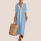 Diana Linen Women's Casual Long Shirt Maxi Dress in Sky Blue featuring a relaxed fit, button-front shirt design, flowing maxi length, and lightweight linen fabric shown in front view.