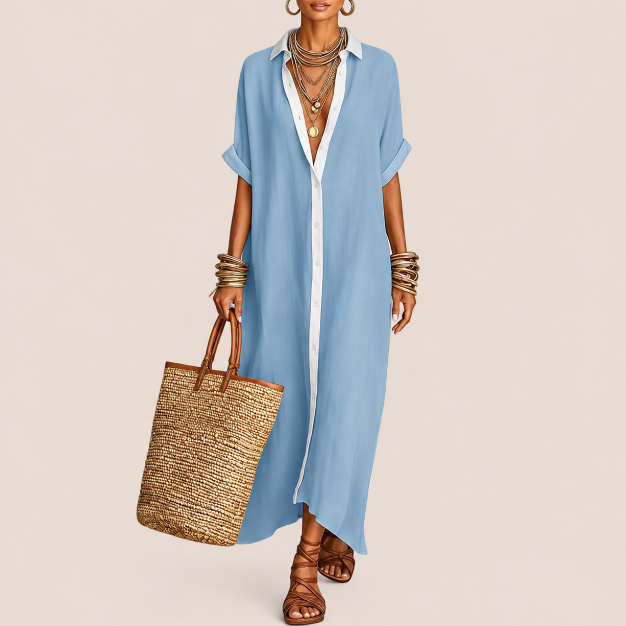 Diana Linen Women's Casual Long Shirt Maxi Dress in Sky Blue featuring a relaxed fit, button-front shirt design, flowing maxi length, and lightweight linen fabric shown in front view.