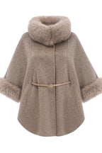Elara Brown faux-fur trim cape coat rear view featuring the cape-style shape, wide sleeves, and faux-fur trim