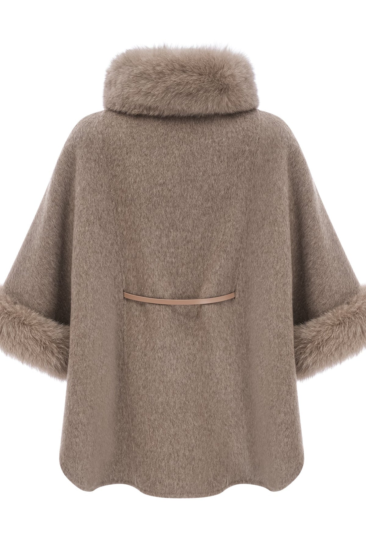 Elara Brown faux-fur trim cape coat shown from the back with a relaxed draped silhouette and faux-fur trimmed sleeves