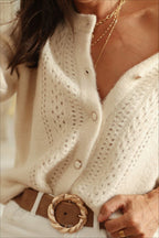 Elara White cardigan close-up showing the openwork knit texture and pearl-toned buttons.