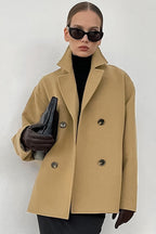 Elena Beige double-breasted boxy jacket in a relaxed front view with long sleeves and notched lapels