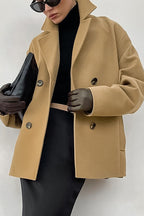 Elena Beige boxy jacket styled with a relaxed fit, double-breasted front, and structured notched lapels