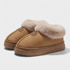Elena Beige platform slippers with plush faux-fur trim, rounded toe, open-back construction, and textured sole
