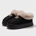 Elena Black platform slippers with plush faux-fur trim, rounded toe, open-back construction, and textured sole