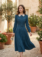 Elena Blue corduroy midi dress with defined waist and softly flared A-line skirt